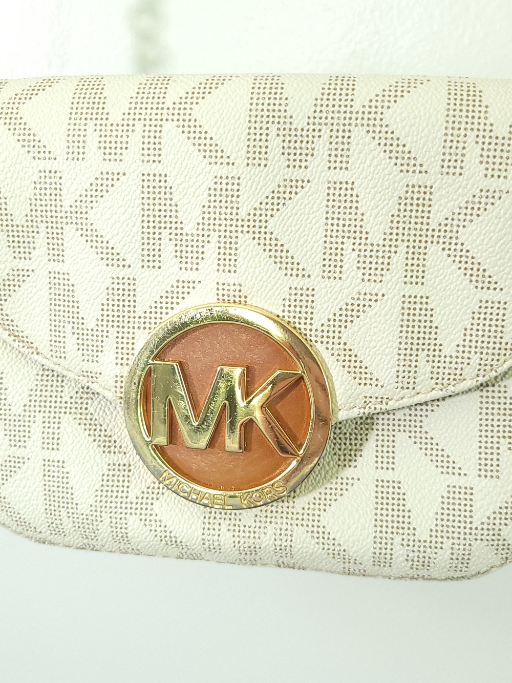 Michael Kors Cream Logo Crossbody Bag with Gold MK Emblem